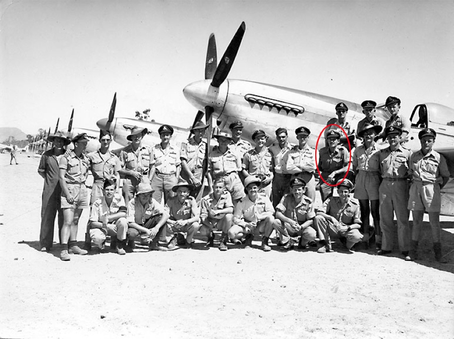 John Gorman, 4th from the right. Directly behind, Phil Hamilton-Foster.With a line up of Mustangs after the Squadron converted from Kittyhawks in 1945.